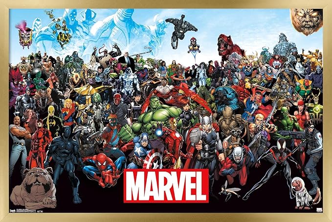 Marvel Comics The Marvel Lineup Wall Poster, 34L" x 22.4W", Gold Framed Version
