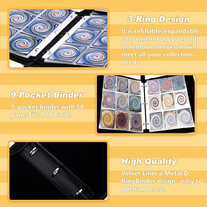 Card Binder 9 Pocket,Premium Trading Card Holder 900 Pockets 50-Page Double-Sided Storage Collection Book 3-ring Zipper Sports Book is A Toys Gift for Girls and Boys(Black)