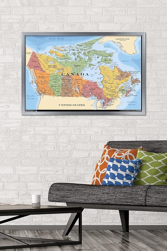 Map - Canada Wall Poster, 34L" x 22.4W", Silver Framed Version
