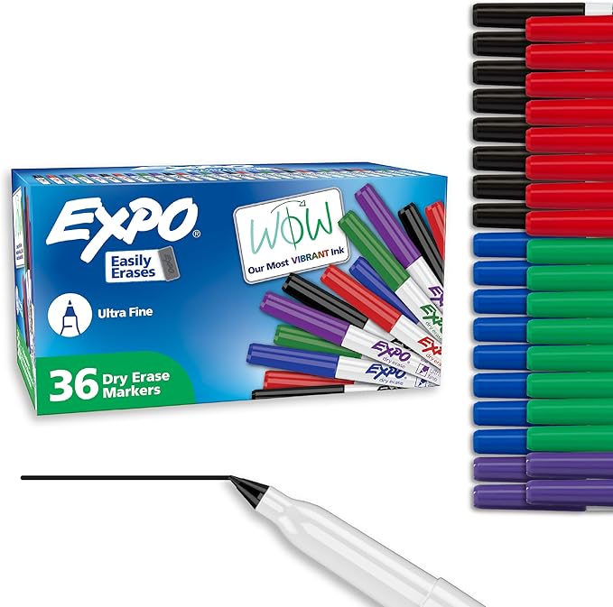 EXPO Dry Erase Markers, Low Odor Ink, Assorted Colors, Ultra Fine Tip, 36 Count - For Whiteboards, Home, Office Essentials, School, Teacher Supplies