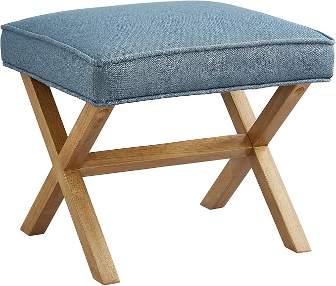 Amazon Basics Small Ottoman Foot Rest, Mid-Century Modern X Square Upholstered Fabric Stool for Living Room, Bedroom, Entryway, Extra Seating, 20"W x 18"D x 18"H, Indigo Blue