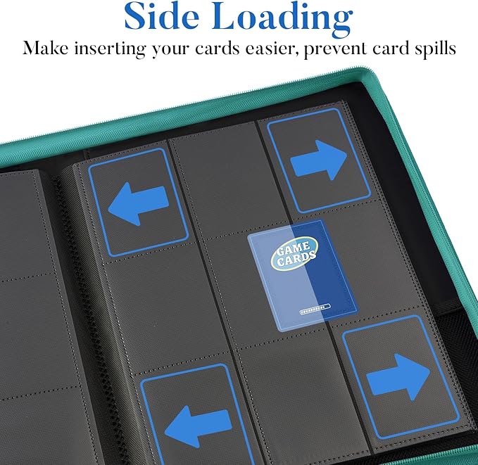 Premium Zip Card Binder, Fabmaker 9 Pocket Trading Card Binder, PU Cover Zipper Card Collection Album, Sturdy 360 Side-Loading Card Folder Holder for Game & Sports Cards, Turquoise