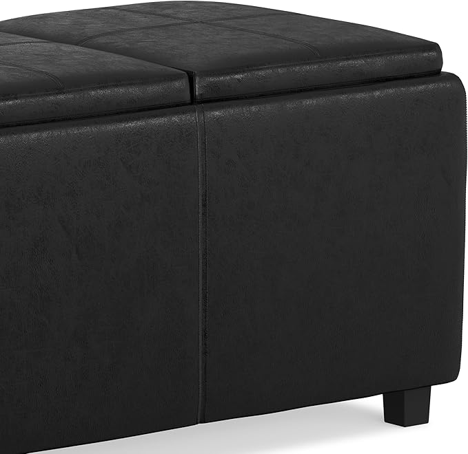 SIMPLIHOME Avalon Storage Ottoman - 42 inch Wide Upholstered Vegan Leather Rectangular Flip-Top Ottoman in Distressed Black, Contemporary Coffee Table Ottoman for Living Room with Hidden Storage