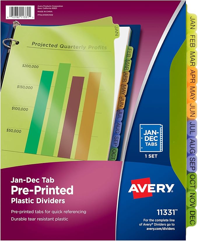 Avery Pre-Printed Jan-Dec Plastic Dividers for 3 Ring Binders, 12-Tab Set, Multicolor, 1 Set (11331)