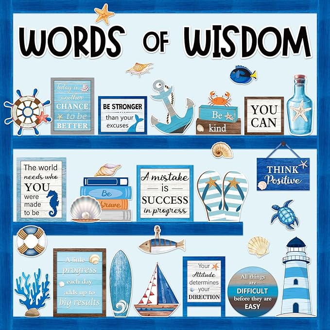 57 Pcs Nautical Bulletin Board Set Inspirational Ocean Bulletin Board Decoration Positive Cutout Classroom Decoration for School Office Home Teacher Classroom Wall Supplies