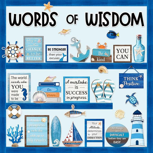 57 Pcs Nautical Bulletin Board Set Inspirational Ocean Bulletin Board Decoration Positive Cutout Classroom Decoration for School Office Home Teacher Classroom Wall Supplies