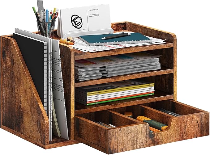 Wood Desk File Organizer with Side File Rack, Space-Efficient Design Easy to Assemble for Efficient Office Setup, Reduces Desk Clutter (Brown)