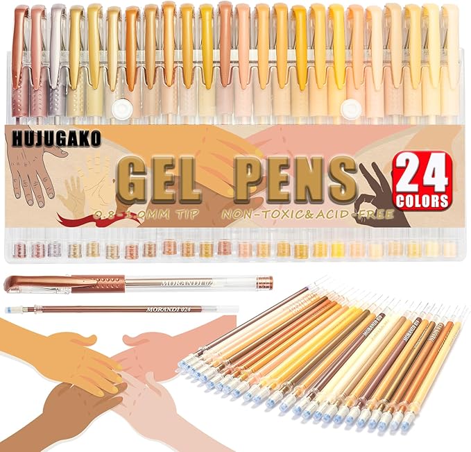 48 Pack Skin Tone Gel Pens, 24 Colored Gel Pen with 24 Refills,40% More Ink Write Smooth for Kids Adults Coloring Books Drawing Doodling Scrapbooks Bullet Journaling