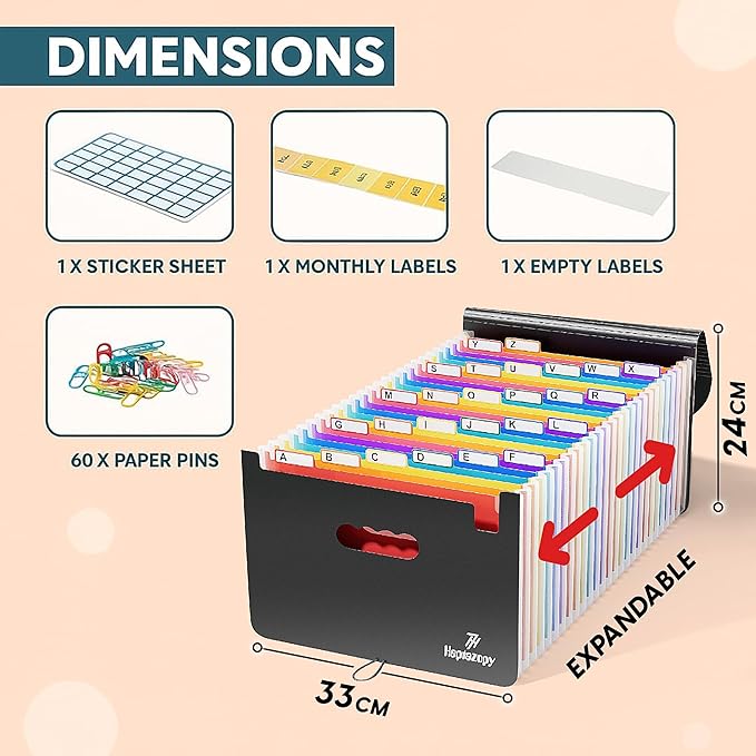Plastic Accordion File Organizer, 26 Pockets Expandable File Folder Organizer, A4 Letter Size Filing Organizer with Colorful Tabs, Elastic Cord, 60 Paper Clip, Label & Stickers for Office School Home