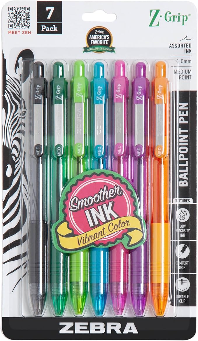 Zebra Pen Z-Grip Retractable Ballpoint Pen, Smooth-Flowing Assorted Fashion Colors, 1.0mm Medium Point, School & Office Supplies, Ideal for Note-Taking, Journal and Planner Use, 7-Pack (22276)