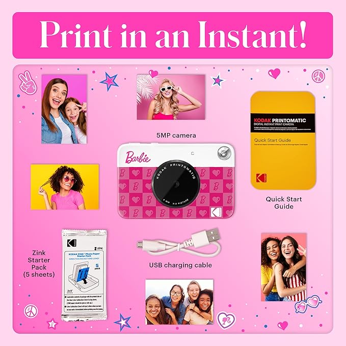 Kodak x Barbie Printomatic Full-Color Instant Print Digital Camera – 5MP Portable Barbie Camera - Colorful Photos On Zink 2x3 Sticky-Back Photo Paper – Fun Gift for Christmas Holiday - Iconic Style