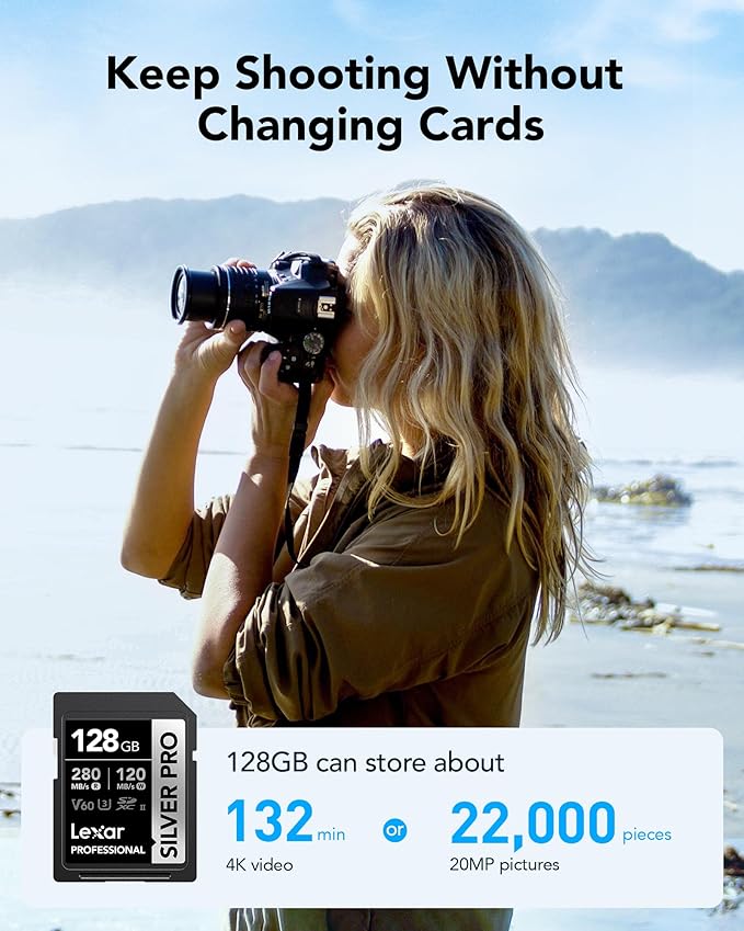 Lexar 128GB (2-PK) Professional Silver PRO SD Card, UHS-II, C10, U3, V60, Full HD, 4K, up to 280MB/s Read SDXC Memory Card, for Photographer, Videographer, Enthusiast (LSDSIPR128G-B2NNU)