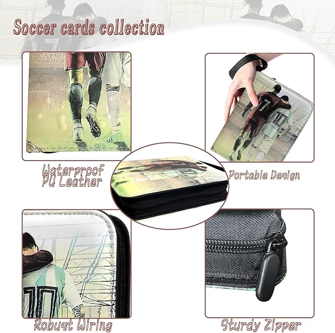 Soccer Card Binder - 400 Capacity 4-Pocket Trading Card Album, 3 Ring Card Holder Binder, Waterproof PU Leather, Zip Closure, Perfect Christmas Birthday Gift for Kids & Collectors