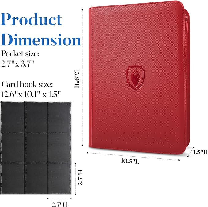 Premium Zip Card Binder, Fabmaker 9 Pocket Trading Card Binder, PU Cover Zipper Card Collection Album, Sturdy 360 Side-Loading Card Folder Holder for Game & Sports Cards, Red
