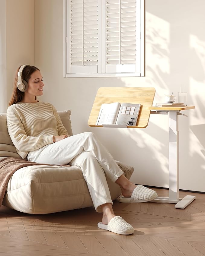 FLEXISPOT Adjustable Height C-Shaped End Table with Split Tilting Top – Mobile Side Table for Sofa & Bedside, Slides Under Furniture, Hidden Wheels for Small Spaces(31.6" W x 15.7" D,Maple)