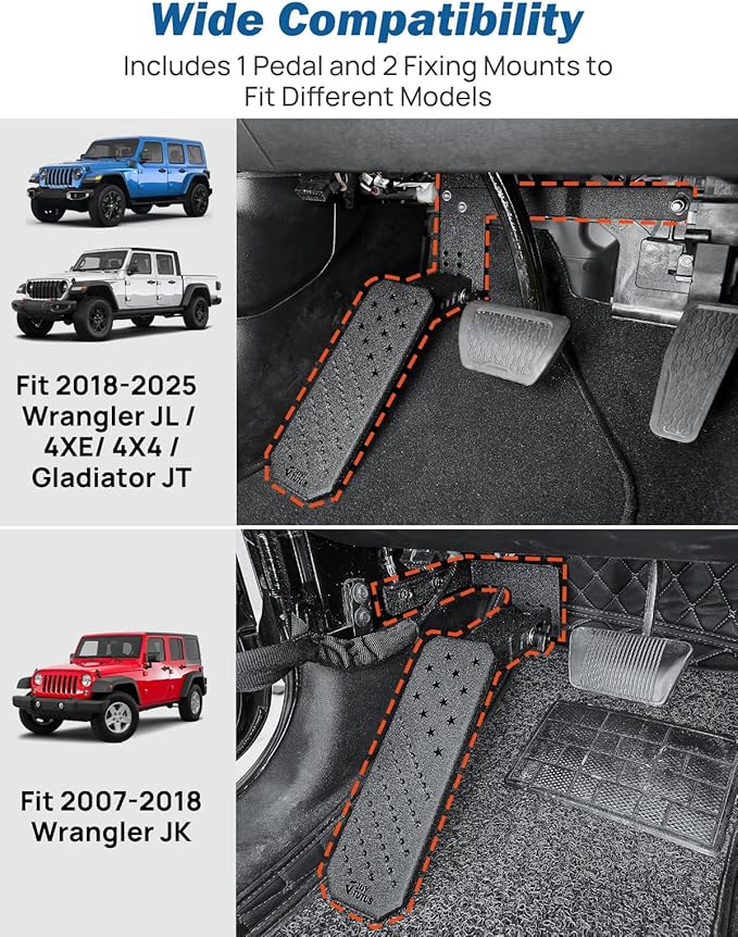 JOYTUTUS Dead Pedal Foot Rest Pad Compatible with 2007-2026 Jeep Wrangler JK JL 4X4 4XE & Gladiator JT No Drilling Left Side Foot Rest Kick Panel with Anti-Slip Surface & American Flag Design