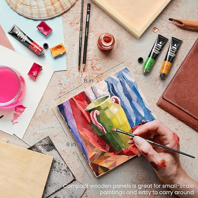 ARTEZA Wood Painting Set with Acrylic Paint, Foam Paint Brushes for Acrylic Painting, Stencils, Wood Canvas Cradle Art Boards & Painter's Tape, Experience Box for Home Decor, Painting & Drawing