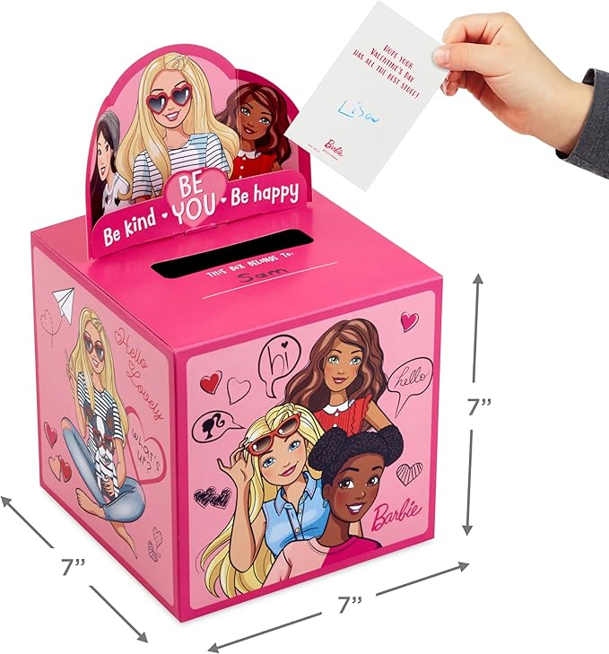 Hallmark Barbie Valentines Day Cards and Mailbox for Kids School Classroom Exchange (1 Box, 32 Valentine Cards, 1 Teacher Card)