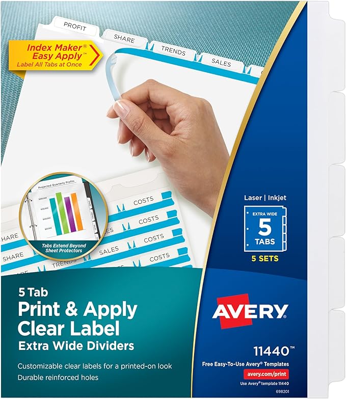 Avery 5-Tab Extra Wide Binder Dividers, Easy Print & Apply Clear Label Strip, Index Maker,White, 5 Sets (11440)