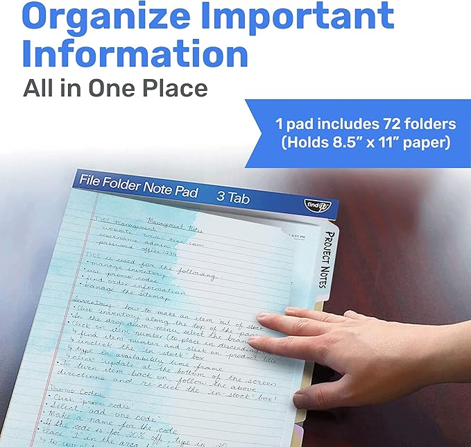 Find It File Folder Notepad - Pack of 72-9.5 x 12.5 Inch Notebook Organizer Folders for Filing, Document, and Clipboard Organization - Watercolor