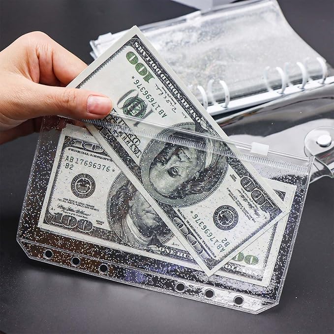 10pcs A6 Cash Stuffing Envelopes Zipper Binder Pockets Clear Glitter PVC 6 Hole Zip Sleeves Loose Leaf Pouches for 6 Ring Binder Planner (A6 4.17" x 6.85")