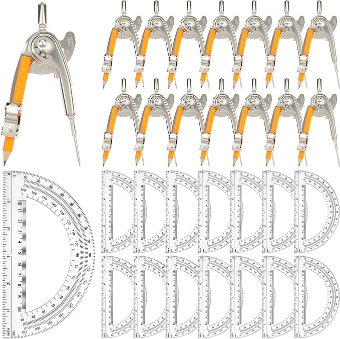 30 Pack Geometry Tool Set, Math Compass for Geometry and 6 Inch Protractor Set Include Metal Compass with Pencil and Clear Plastic Protractor for Student Classroom Office Woodworking Art Drawing
