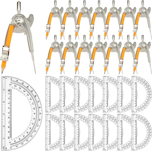 30 Pack Geometry Tool Set, Math Compass for Geometry and 6 Inch Protractor Set Include Metal Compass with Pencil and Clear Plastic Protractor for Student Classroom Office Woodworking Art Drawing