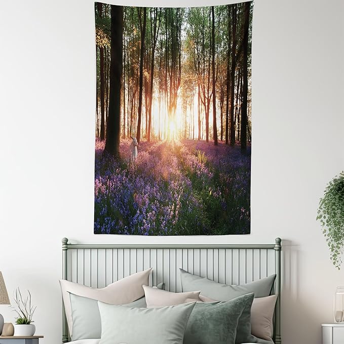 Ambesonne Forest Tapestry Queen Size, Bluebell Woods Sunrise with White Rabbit Sunny Spring Day in Woodland, Wall Hanging Bedspread Bed Cover Wall Decor, 88" X 88", Purple Green
