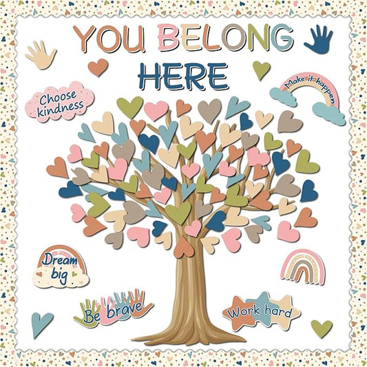 Boho Classroom Tree Bulletin Board Decorations Heart Cutouts Border Welcome Classroom You Belong Here Bulletin Board Decor Supplies for Chalkboard Elementary School Home Wall(You Belong Here)