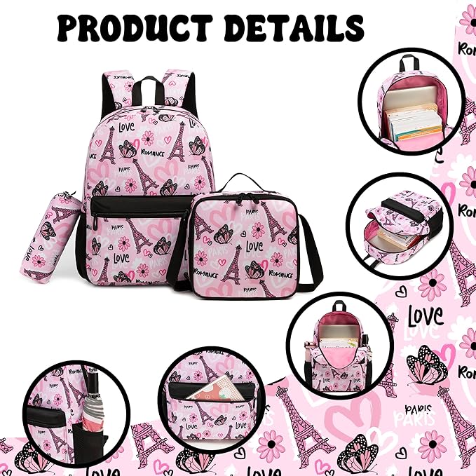 Kids Backpacks for Girls Backpack with Lunch Box Backpack for School Teens Girls with Pencil Case Kids Bookbag Age 8-12 for Elementary Middle School Students