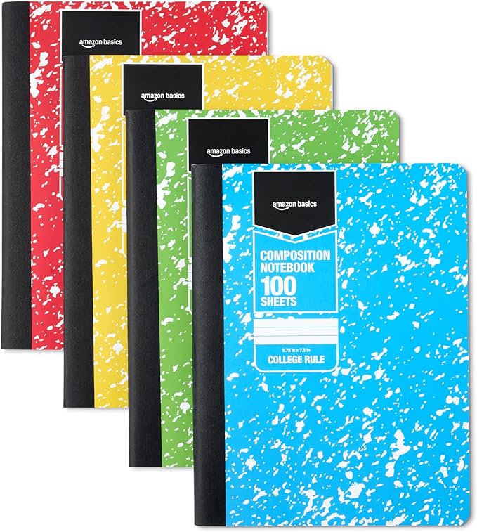 Amazon Basics Composition Notebook, College Ruled, 100 Sheets, 9.75" x 7.5", Assorted Marble Colors, 4-Pack