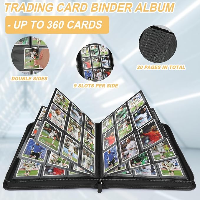 Trading Card Binder 9 Pocket, GERMUN PU Cover Card Binder for 360 Cards, Premium Trading Card Holder Folders, Double Sided Pocket Card Album for MTG, TCG (Carbon Black)