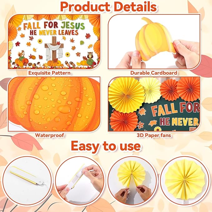 Fall Christian Bulletin Board Decorations Set Fall for Jesus He Never Leaves Paper Cutouts for Classroom Autumn Sunday School Church Cross Cutout for Religious School Office Wall Decor