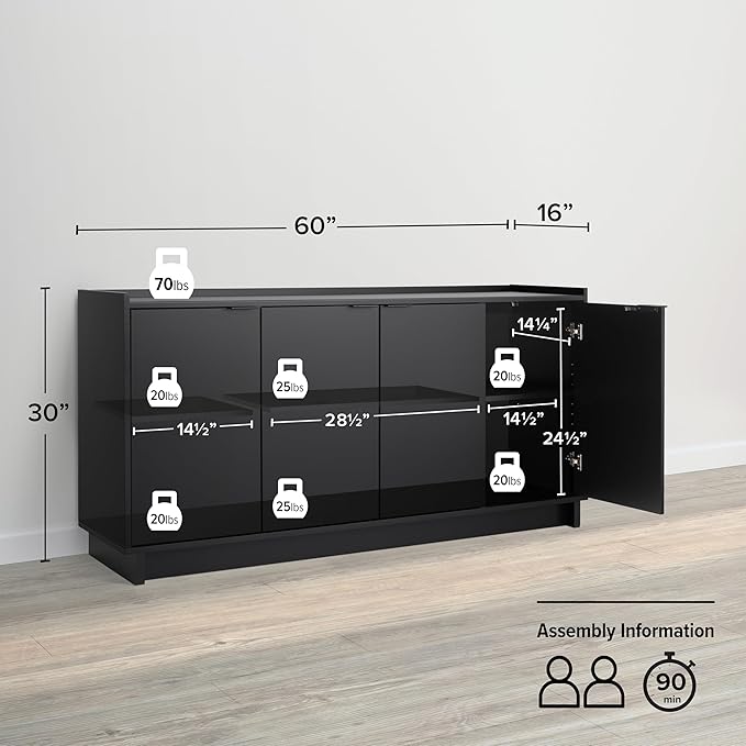Prepac Simply Modern 4 Door Console Table Storage Cabinet, Buffet Cabinet for Storage and Organization, Modern Side Table with Doors & Shelves, 60”W x 30”H x 16”D, Black