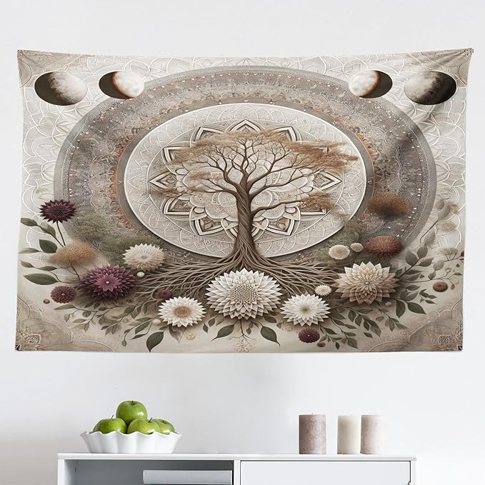 Ambesonne Moon Tapestry, Ethno Mandal Featuring Gentle Vines of Tree of Life and Flowers Boho Luna, Fabric Wall Hanging Decor for Bedroom Living Room Dorm, 45" X 30", Pale Mustard Eggplant