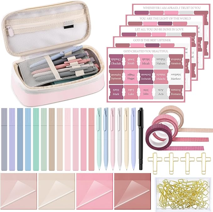 137 Pcs Bible Study Supplies Journaling Kit 1 Pencil Case 12 Highlighters 4 Sticky Notes 6 Gel Pens 35 Paper Clips 3 Tapes 1 Markers 75 Tabs for Christmas Bible School Gifts(Pink)