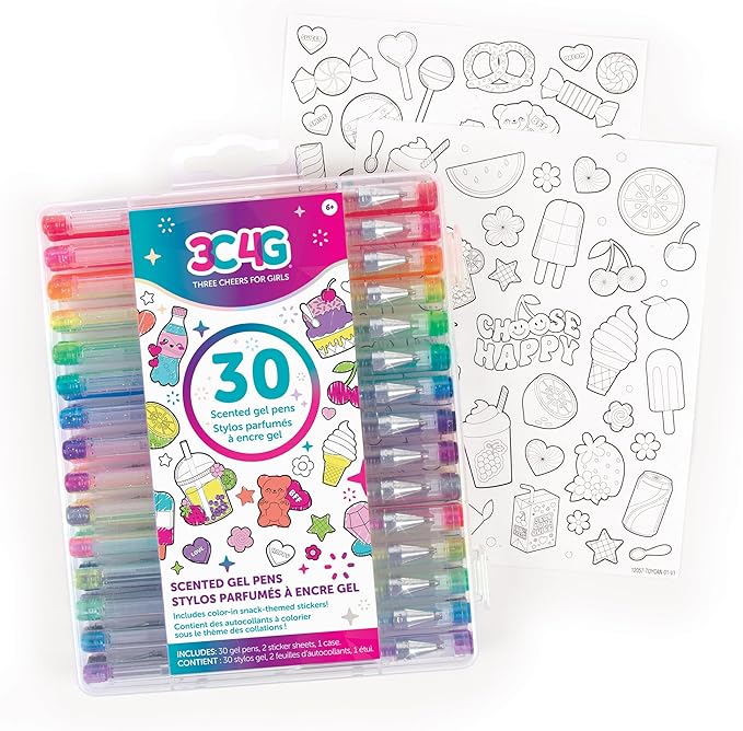 3C4G: 30 Scented Gel Pens - w/ 2 Color-in Snack Themed Sticker Sheets, 30 Different Vibrant Colors, Writing & Drawing, Three Cheers for Girls, Ages 6+