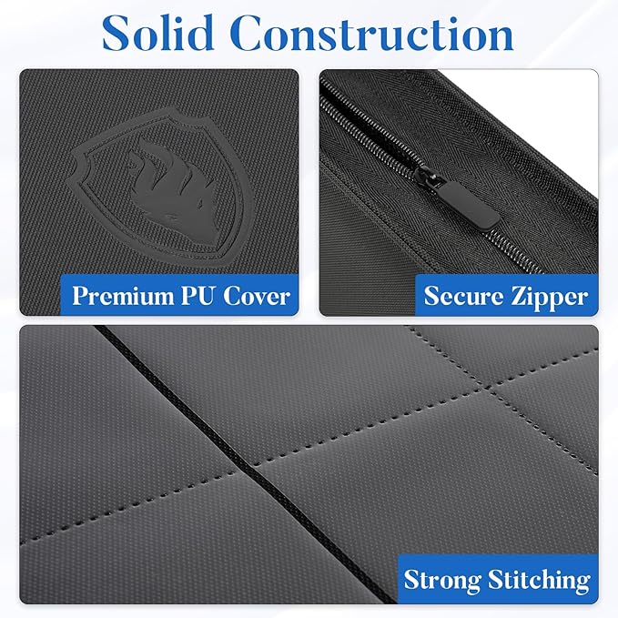Premium Zip Card Binder 12 Pocket, Fabmaker 912 Pockets Trading Card Binder, PU Zipper Card Collection Album, Sturdy Side-Loading Card Book Holder for Game & Sports Cards, Navy Blue