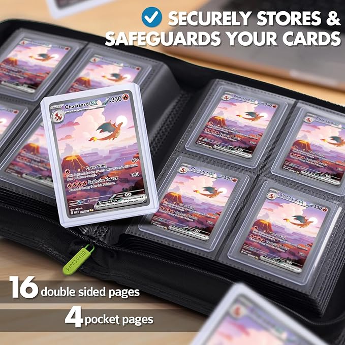 FunGuys Toploader Binder, Trading Card Binder Storage,128 4 Pocket Top Loader Pokemon Binder, Card Collection for Yugioh, MTG, TCG, Card Folders for Trading Cards