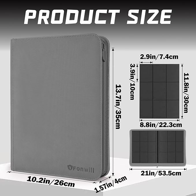 Trading Card Binder,360 Pockets Trading Card Holder Book, Premium PU Cover Zip Folder Binder, Side Loading Carrying Case Binder Album for TCG, MTG,Sports Cards, Game Cards (Gray)