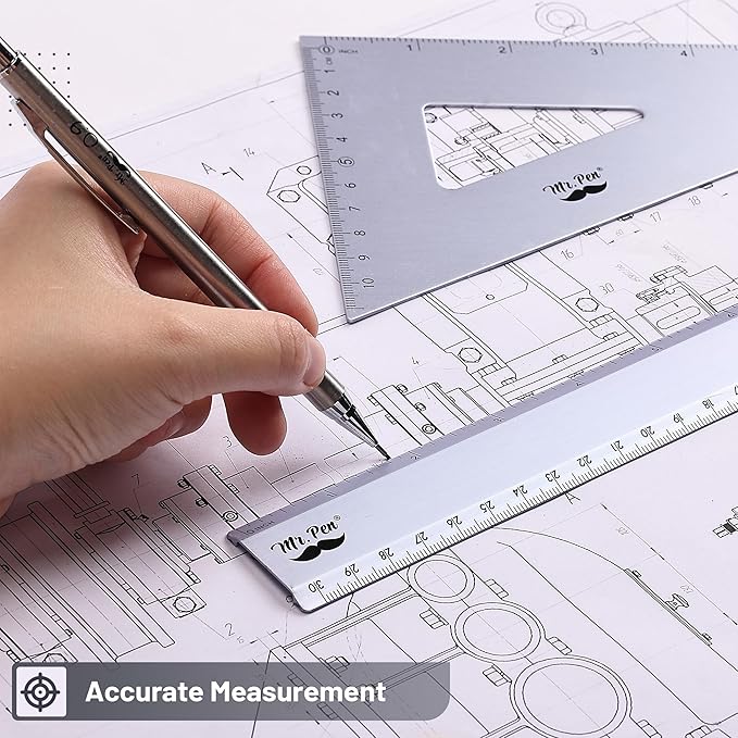 Mr. Pen- Geometry Set, 4 Pack, Periwinkle Gray, Metal Geometry Kit, Triangle Ruler, Metal Ruler, Drafting Triangles, Metal Protractor, Metal Set Square, Drafting Ruler, Drafting Set