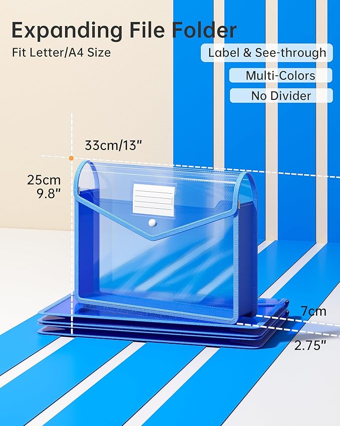 2 Pack Plastic Expanding File Folder, Transparent envelopes with Snap Closure, Fit Letter/A4 Size for School/Office/Home/Hospital, No Dividers, Large Capacity（Blue）
