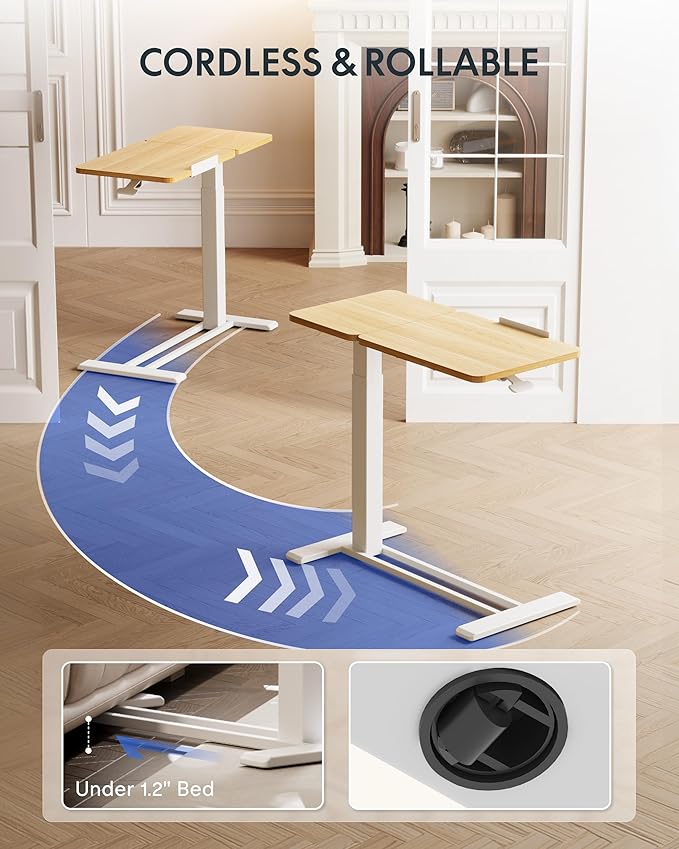 FLEXISPOT Adjustable Height C-Shaped End Table with Split Tilting Top – Mobile Side Table for Sofa & Bedside, Slides Under Furniture, Hidden Wheels for Small Spaces(31.6" W x 15.7" D,Maple)