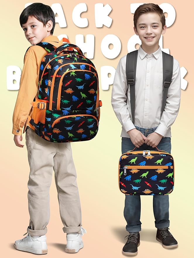 BLUEFAIRY Kids Backpack with Lunch Box for Girls Boys Elementary Primary Middle School Bag with Lunch Bag Set 17 Inch Bookbag Mochilas Escolares para Niñas Niños (Dinosaur, Orange)
