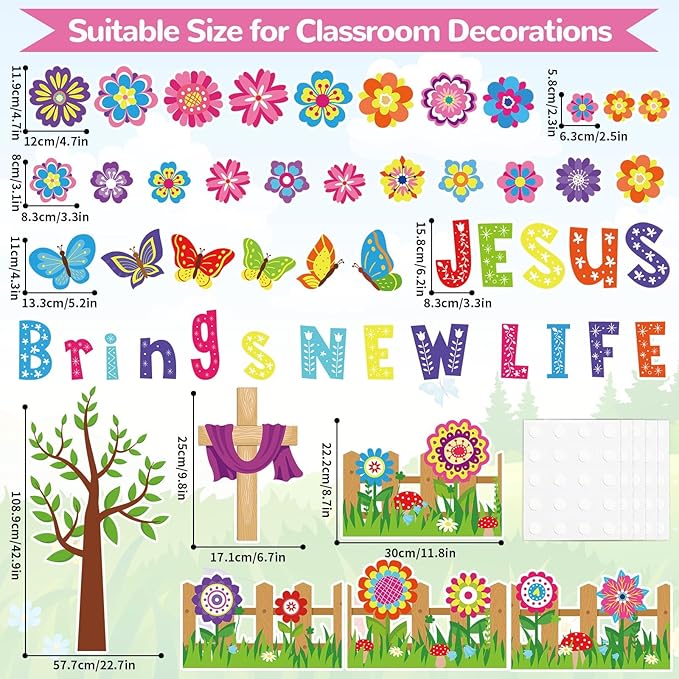 gisgfim Christian Spring Bulletin Board Decoration Set Religious Flower Tree Borders Cutouts for Party School Classroom Door Welcome Easter Bulletin Board Craft Home Wall (Jesus Brings New Life)