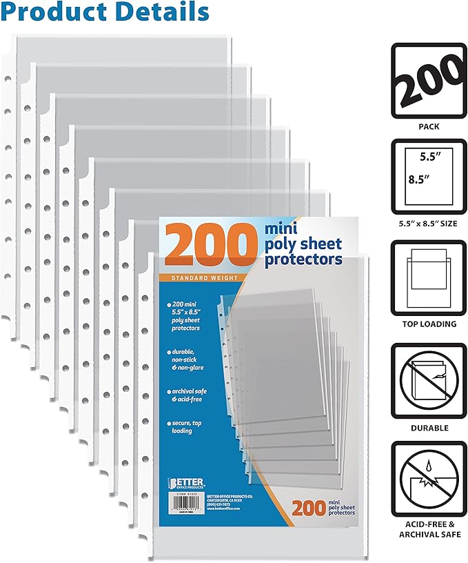Better Office Products 200 Count Mini Poly Sheet Protectors, Standard Weight, Diamond Clear, 5.5" x 8.5", 200 Pack