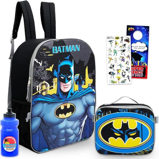 DC Comics Batman Backpack with Lunch Box Set - Bundle with 16” Superhero School Bag, Lunch Box, Water Bottle, Stickers, More | Batman Backpack for Boys, Kids