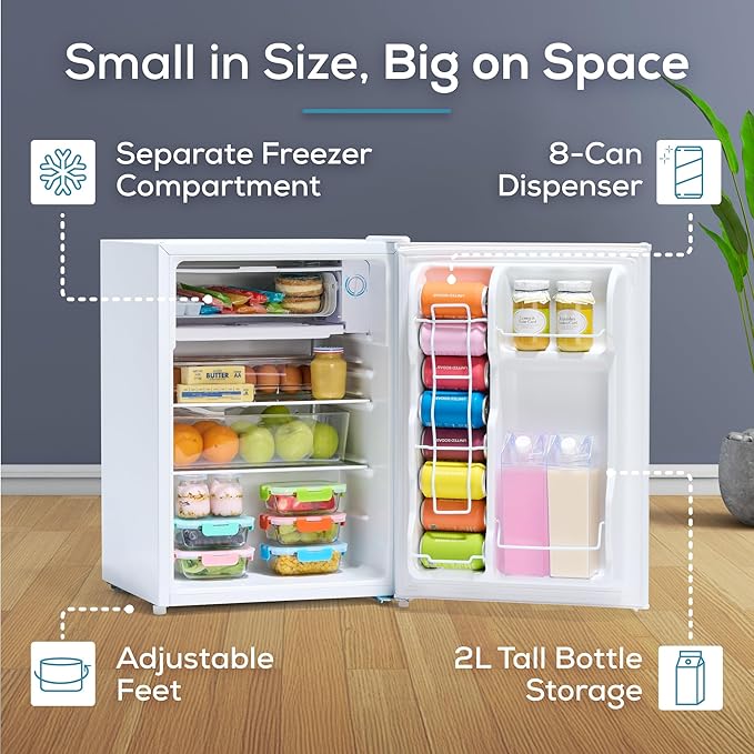 Igloo 2.6 Cu. Ft. Compact Refrigerator with Freezer - Mini Fridge for Dorm, Office, and Bedroom - Includes Adjustable Shelves and 8-Can Dispenser - 2-Liter Storage - White
