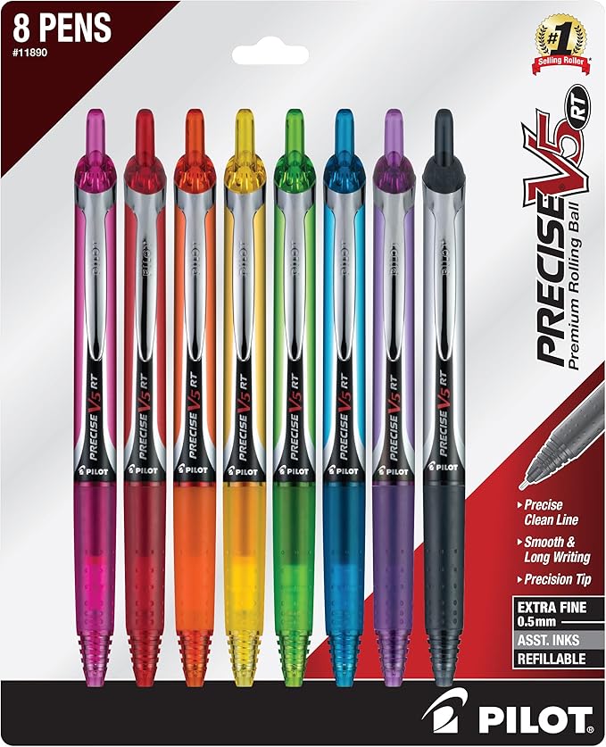 Pilot Precise V5 RT Refillable & Retractable Rolling Ball Pens, Extra Fine Point Pens, 0.5 mm, Vibrant, Pack of 8 - Ideal for School, Journaling & Office Writing