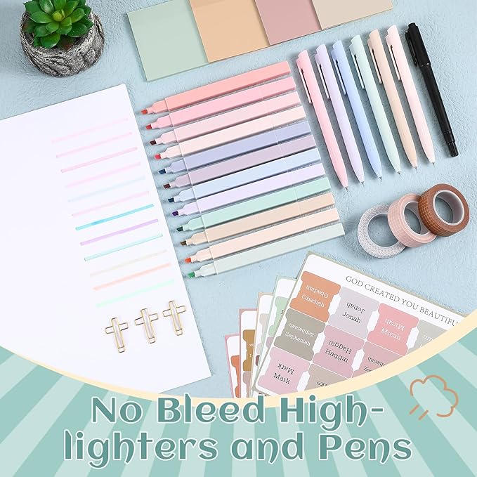 137 Pcs Bible Study Supplies Journaling Kit 1 Pencil Case 12 Highlighters 4 Sticky Notes 6 Gel Pens 35 Paper Clips 3 Tapes 1 Markers 75 Tabs for Christmas Bible School Gifts(Boho Color)